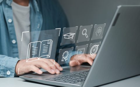 Learn to train in front of the computer. Internet e-learning lessons and online webinars People attending online lessons on digital screens Internet Technology Education Features.