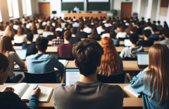 A scene of students attentively sitting in a lecture room at a university from behind
